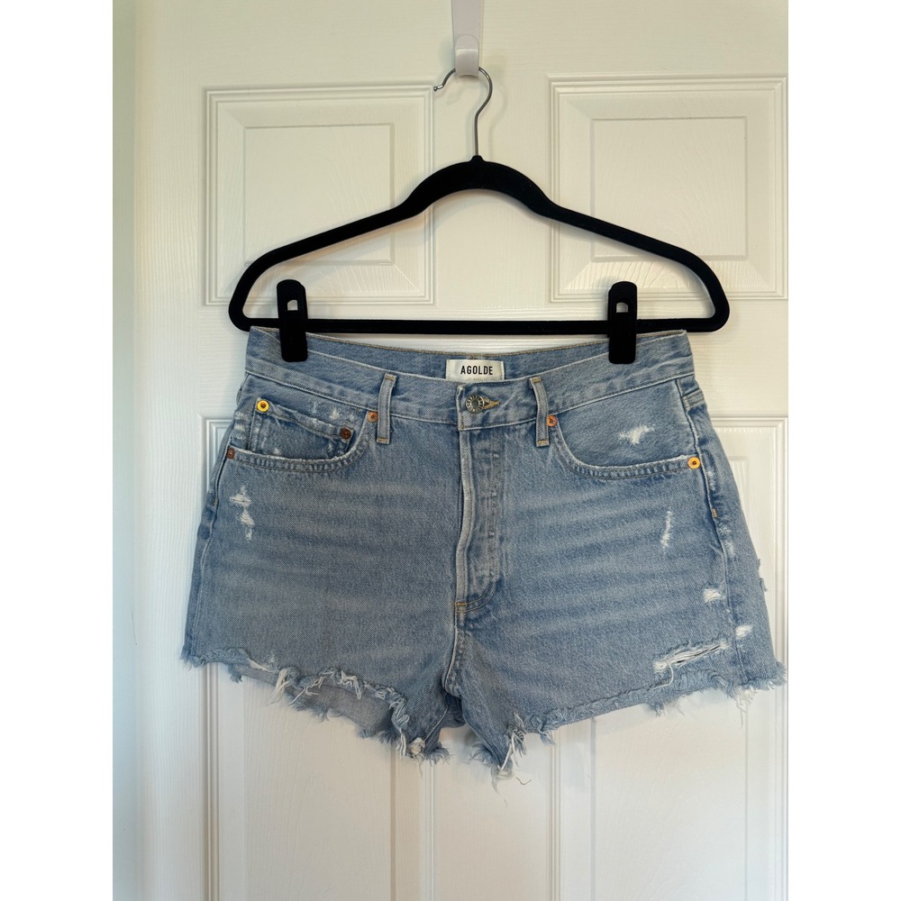 AGOLDE Parker High Rise Distressed Denim Shorts Light Wash Blue Size 27